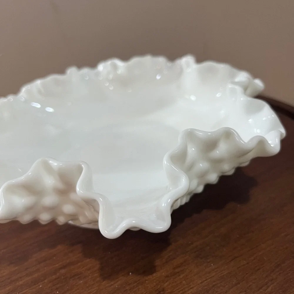 Vtg Fenton Hobnail Milk Glass Ruffled Edge Bowl White 8 Inch Candy Dish